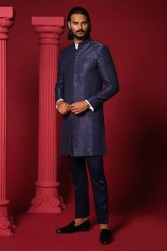 Navy blue bandhgala with embroidered french knot and cutpipes. Paired with a white cotton shirt and a navy blue plain trouser. - Aza Fashions Formal Blue Bandhgala With Cutdana Detailing, Blue Fitted Bandhgala With Cutdana Detail, Fitted Sherwani With Chikankari Embroidery For Party, Designer Blue Sherwani For Party, Luxury Festive Kurta For Party, Luxury Fitted Kurta For Festive Occasions, Luxury Fitted Festive Kurta, Formal Blue Bandhgala With Dabka Work, Luxury Formal Kurta For Festivals