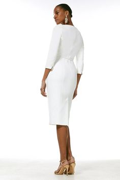 Forever Bar Belt Dress Elegant Long Sleeve V-neck Dress For Office, Elegant Cocktail Dress With 3/4 Sleeves, Elegant Office Dresses With Notched Neckline, Elegant V-neck Dress With Notched Neckline For Office, White Fitted Dress With Notched Neckline, White Midi Length V-neck Dress For Work, White V-neck Midi Dress For Work, Elegant Fitted V-neck Dress For Office, Elegant Fitted V-neck Dress For Work