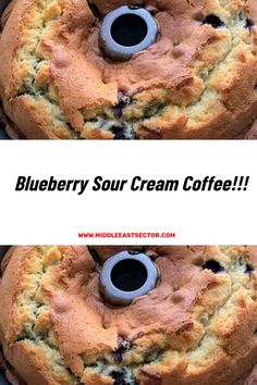 blueberry sour cream coffee cake is shown in two separate images, with the bottom half eaten