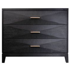 a black dresser with three drawers and gold pulls on the bottom drawer, it is made from wood