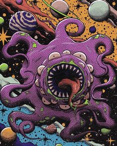 an octopus with its mouth open in front of planets