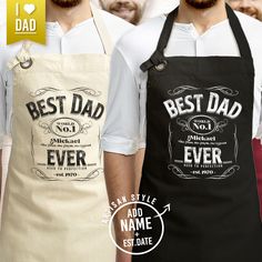 two men wearing aprons with the words best dad on them and an image of another man