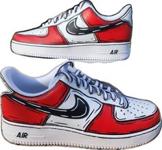 Casual Red Sneakers With Custom Artwork, Red Custom Sneakers With Artwork, Red Custom Sneakers With Custom Artwork, Custom Red Sneakers With Artwork, Custom Red Sneakers With Custom Artwork, Red Waterproof Paint Custom Low-top Sneakers, Custom Low-top Sneakers With Red Sole, Nike Af1 Custom, Cartoon Sneakers