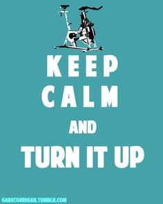 a poster with the words keep calm and turn it up in white on a blue background