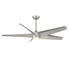 a ceiling fan that is on top of a white wall and has two blades attached to it