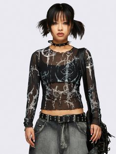 Looking for the perfect mesh top? Our Black Abstract Graphic Mesh Top delivers with Acubi flair, grunge attitude, and Gen X Soft Club edge. Shop now at Minga London! Mesh Shirt Outfit, Early 2000s Style, Plaid And Leopard, Mesh Crop Top, Mesh Shirt, Crop Top Sweatshirt, Knitted Tops, Grunge Style, Black Abstract