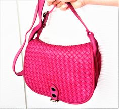 "Fuchsia Italian Woven Leather Crossbody Bag, Customizable, Soft Italian Woven Leather Purse, Soft Handbag, Italian Woven Shoulder Bag, Gemma, comes in following dimensions: W 10.3\" x H 10\" x D 5\" This bag has made by our italian partner and customizable by our team. We offer one free monogram or name personalization. Please check fonts, color thread, tag samples and leave your monogram or name to embroider. Features: Inside: The bag closes with magnetic snap Two compartments inside with cent Pink Leather Flap Bag For Travel, Chic Pink Saddle Bag For Everyday Use, Pink Clutch Flap Bag For Travel, Pink Shoulder Saddle Bag For Everyday Use, Pink Saddle Bag With Detachable Strap Satchel, Pink Satchel Saddle Bag With Detachable Strap, Pink Everyday Use Saddle Shoulder Bag, Pink Saddle Bag For Everyday Use, Pink Crossbody Saddle Bag For Everyday Use