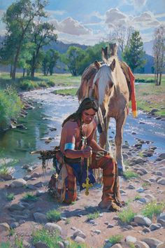 a painting of a native american woman sitting next to a horse