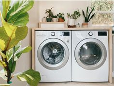 a washer and dryer sitting next to each other in a room with plants