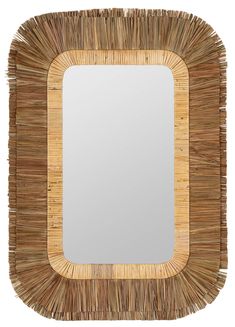 a square mirror made out of straw with a wooden frame and bamboo strips around the edge