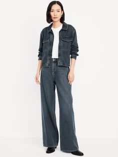 high waisted button front belt loops zip fly front scoop pockets back patch pockets whiskering sits at belly button loose hip and thigh hits below ankle 30" regular inseam 28" petite inseam 33" tall inseam models are approx.  5'9" and wear sizes s (4), l (12), and xl (18)machine wash according to the care instruction label  . Best Holiday gift for Women , perfect Jeans for Christmas! Family Maternity, Family Pajamas, Perfect Jeans, Old Navy Women, Back Patch, Bottom Clothes, Jeans Black, Big And Tall, Belly Button