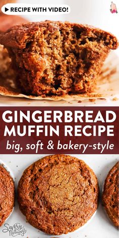 the recipe for gingerbread muffins is shown in three different pictures with text overlay