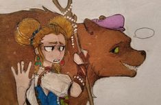 a drawing of a woman holding an umbrella next to a brown bear with green eyes