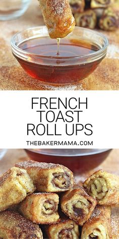 french toast rolls are stacked on top of each other with dipping sauce in the background