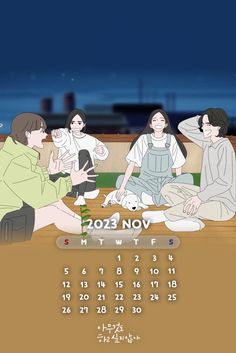 a calendar with people sitting on the ground