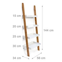 a white shelf with two wooden shelves and measurements for the height of each shelving unit