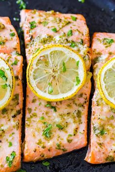 four pieces of salmon with lemons and herbs