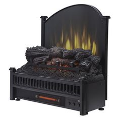 an electric fireplace with logs and flames