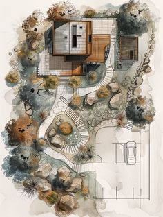 an aerial view of a house surrounded by trees and rocks, with the floor plan drawn out