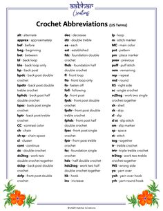 a printable word list with the words crochet abbreviations