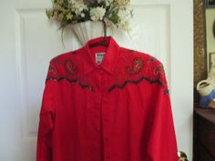 Ladies Western Wear Shirt,  Size SMALL,  Red with Sequins, Lots and Lots of Sequins, Hand sawn sequins. Wrangler Authentic Western Apparel. Vintage Western style shirt, I worn this when my Husband and I were in a Square Dance Club in Gainesville Georgia. Lots of fun. Western Style Red Long Sleeve Tops, Red Western Long Sleeve Tops, Red Long Sleeve Western Top, Western Red Tops For Spring, Western Style Red Tops For Spring, Spring Western Red Tops, Ladies Western Wear, Ladies Western Shirts, Gainesville Georgia