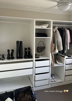 an organized closet with shoes and handbags