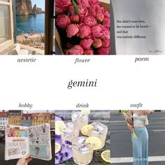 there are many different pictures with flowers and words in them that say gemini