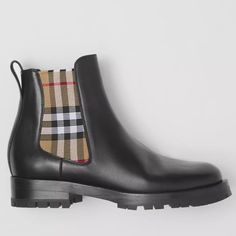 New In Box. Includes Dust Bag. Size: 40 Eu / 10 Us Italian-Made Leather Chelsea Boots With Elasticated Side Panels In Our Archival Vintage Check. Upper: 80% Calf Leather, 15% Polyester, 5% Rubber Lining: 70% Lambskin, 25% Polyester, 5% Rubber Sole: 100% Polyurethane Pull-On Style Almond-Shaped Toe Made In Italy Item 80423631 #1 00244 Burberry Vintage, Almond Shaped, Burberry Shoes, Leather Chelsea Boots, Side Panels, Black And Tan, Panel Siding, Rubber Rain Boots, Calf Leather