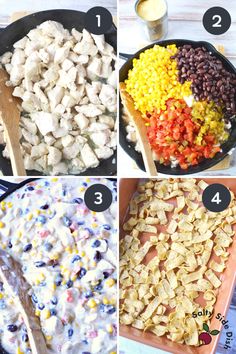 four pictures showing the steps to make an easy chicken and rice casserole recipe