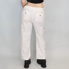 Vintage Y2k Belted White Cargo Pants by AB Studio! Baggy low rise fit with fold up pedal pusher length cuffs and embroidered filigree detail on one side. Size 2!several bright orange tiny stain spots, zoom on photosWaist: 31"Hips: 37"Rise: 9 3/4"Inseam: 26 1/4" Y2k Cotton Wide-leg Bottoms, Cotton Wide-leg Y2k Bottoms, Y2k Cotton Wide-leg Pants, Y2k Style Wide-leg Cotton Bottoms, White Stretch Y2k Bottoms, White Cotton Y2k Style Pants, Summer Cotton Mid-rise Parachute Pants, Y2k Style White Straight Leg Pants, Y2k Style Straight Leg Parachute Pants For Summer