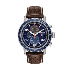 This handsome men's Eco-Drive watch from Citizen's exclusive Brycen collection brings a distinguished touch to your day-to-day look.Watch the product video here.FEATURES Date window 12/24-hour formats Chronograph: measures 1/5-second increments for up to 60 minutes Tachymeter DISPLAY Dial color: blue Luminescence: hands Face cover material: mineral crystal CASE Material: stainless steel with water-proof screw-down back Diameter: 44 mm BAND Material: brown leather Clasp: buckle Circumference: 200 Classic Chronograph Watch With Subdials For Everyday Use, Classic Everyday Chronograph Watch With Subdials, Leather Chronograph Watch With Subdials For Everyday, Classic Automatic Chronograph Watch For Everyday Use, Classic Watch With Tachymeter For Everyday Use, Leather Analog Chronograph Watch For Everyday Use, Brown Chronograph Watch With Tachymeter For Business, Classic Blue Leather Chronograph Watch, Classic Brown Automatic Chronograph Watch