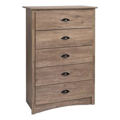 a wooden dresser with five drawers and black knobs