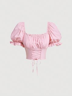 SHEIN MOD Ruched Bust Lace Up Front Puff Sleeve Crop Blouse Cute Pink Top Outfits, Pink Tops Aesthetic, Baby Pink Top Outfit, Cute Pink Shirts, Pink Top Aesthetic, Pink Crop Top Outfit, Pink Puff Sleeve Top, Ruching Top, Pink Blouses