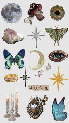 a bunch of different items that are in the shape of stars and moon on a white background