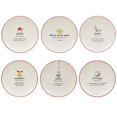 six red and white plates with different sayings on them