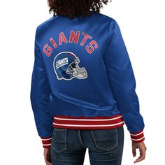 Take a stylish approach to the next New York Giants game day with this full-snap Starter Full Count jacket. It features a classic Varsity design with unmistakable New York Giants graphics and a striking satin finish. A cozy midweight design keeps you comfortable, while side pockets offer convenient storage. Rib-knit collar, cuffs and bottom hem Satin finish Midweight jacket suitable for moderate temperatures Embroidered fabric applique Brand: Starter Imported Officially licensed Long sleeve Mate Royal Blue Varsity Jacket, Luxury Embroidered College Varsity Jacket, Luxury Navy Varsity Jacket, Astros Jacket, New York Giants Sweatshirt, Bear Jacket, Nfl Detroit Lions, Nfl New York Giants, Nfl Chicago Bears