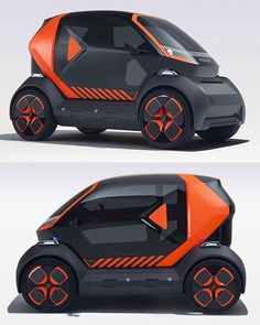 an orange and black car is shown in two different views