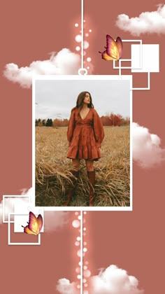 a woman standing in the middle of a field with butterflies flying over her and on top of