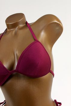 Custom Made in 7 business days. - Fabric: Burgundy satin spandex - Style: Molded triangle top, Low-rise bottom, Tie string fastening - Features: Scrunch back, Moderate back coverage Stretch Swimwear With Triangle Top And Boning, Stretch Triangle Top Swimwear With Boning, Elegant Triangle Top Stretch Swimwear, Solid Color Fitted Swimwear With Triangle Top, Solid Fitted Triangle Top Swimwear, Solid Color Fitted Triangle Top Swimwear, Fitted Triangle Swimwear For Swimming, Fitted Triangle Top Padded Swimwear, Fitted Padded Triangle Top Swimwear