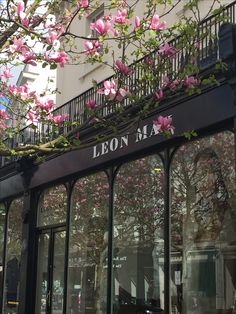 a storefront with pink flowers on the outside