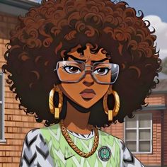 an animated image of a woman with glasses and afro hair