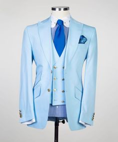 Discover Sky Blue Three-piece Pointed Collar Slim Men Suits with bradymensuit. Shop for a range of Light Blue Peaked Lapel men's suits for every occasion with rush order service in cheap price. Royal Tailored Suits For Semi-formal Occasions, Tailored Royal Blue Suits, Blue Double Breasted Suit With Notch Lapel, Classic Blue Double Breasted Suit For Groom, Blue Double Breasted Suit, Sky Blue Suit, Prom Suits For Men, Light Blue Jacket, Men Suit