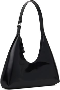 Patent leather shoulder bag in black. · Fixed shoulder strap · Zip closure · Patch pockets at interior · Cotton twill lining · Logo-engraved silver-tone hardware · H11 x W12.5 x D3.25 Supplier color: Black Designer Black Shoulder Bag With Glossy Finish, Sleek Black Glossy Shoulder Bag, Black Leather Shoulder Bag With Glossy Finish, Elegant Black Shoulder Bag With Glossy Finish, Elegant Black Glossy Shoulder Bag, Black Glossy Business Bag, Modern Black Shoulder Bag With Silver-tone Hardware, Evening Shoulder Bag With Gunmetal Hardware, Classic Business Shoulder Bag With Glossy Finish