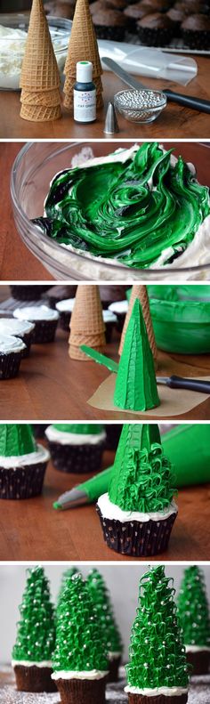 cupcakes with green frosting and trees on them