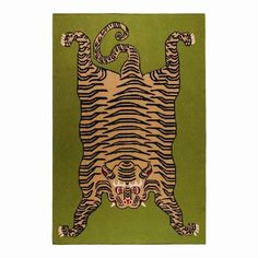 a green rug with a tiger on it's back and the word go written in black