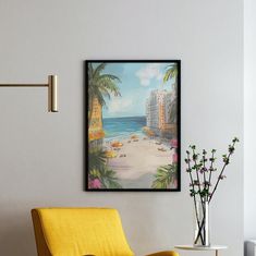 a yellow chair sitting in front of a painting on the wall next to a vase with flowers