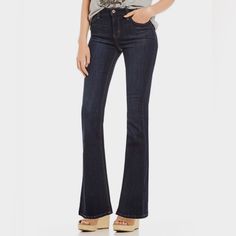 Jessica Simpson 5 Picket Flare Wide Leg Jeans, Stretch Material, Leg Opening 10.5 - Inseam Length 30.5 - Back Rise 17.5- Front Rise 11.5 - Flared Leg - Dark-Rinse Wash -- Denim Jessica Simpson Jeans, High Rise Flare Jeans, Trendy Heels, 90s Looks, Style Inspiration Fall, Juniors Jeans, Maternity Jeans, Denim Branding, Denim Flares