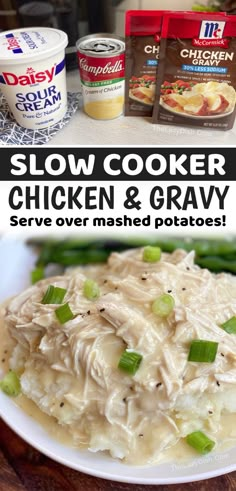 slow cooker chicken and gravy served over mashed potatoes on a white plate