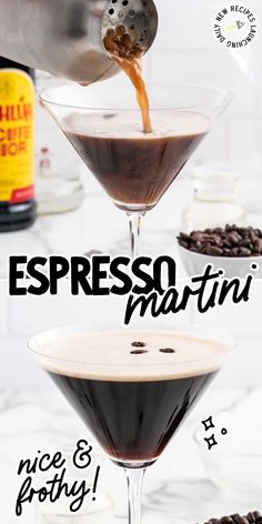 espresso martini in a coupe glass with coffee beans on the side and text overlay reading espresso martini nice & easy