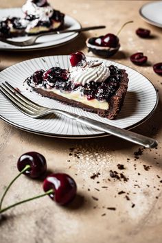 a piece of cake with whipped cream and cherries on it sitting on a plate